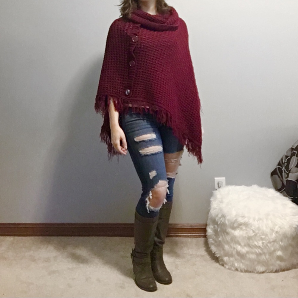 Love by CHESLEY Red Knit Sweater Poncho
